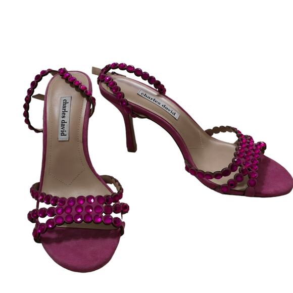 Charles David Penelope Pink Rhinestones Suede Ankle Strap Heels Sandals Size 10 - Picture 4 of 11